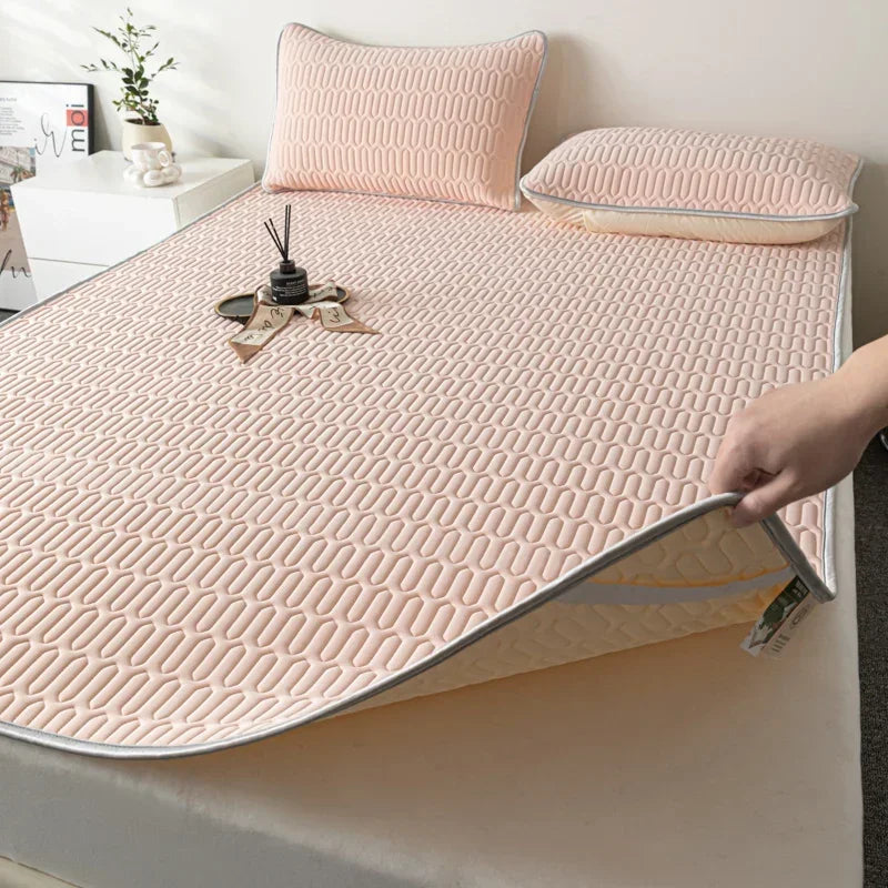 Cooling Bed Sheet Set with Pillowcases Ice Silk & Latex Quilted Breathable Cover Solid Summer Bedding Comfort & Heat Resistance
