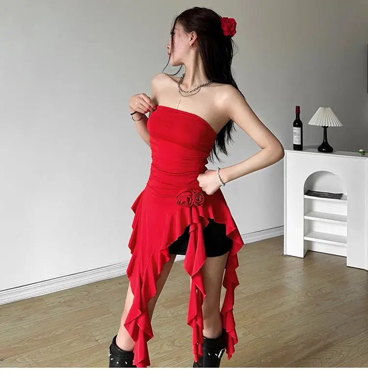 Women Bustier Tops Irregular 3D Roses Ruffle Slim Aesthetic Summer Chic Streetwear Tops Solid Red Womenswear Black White Sexy