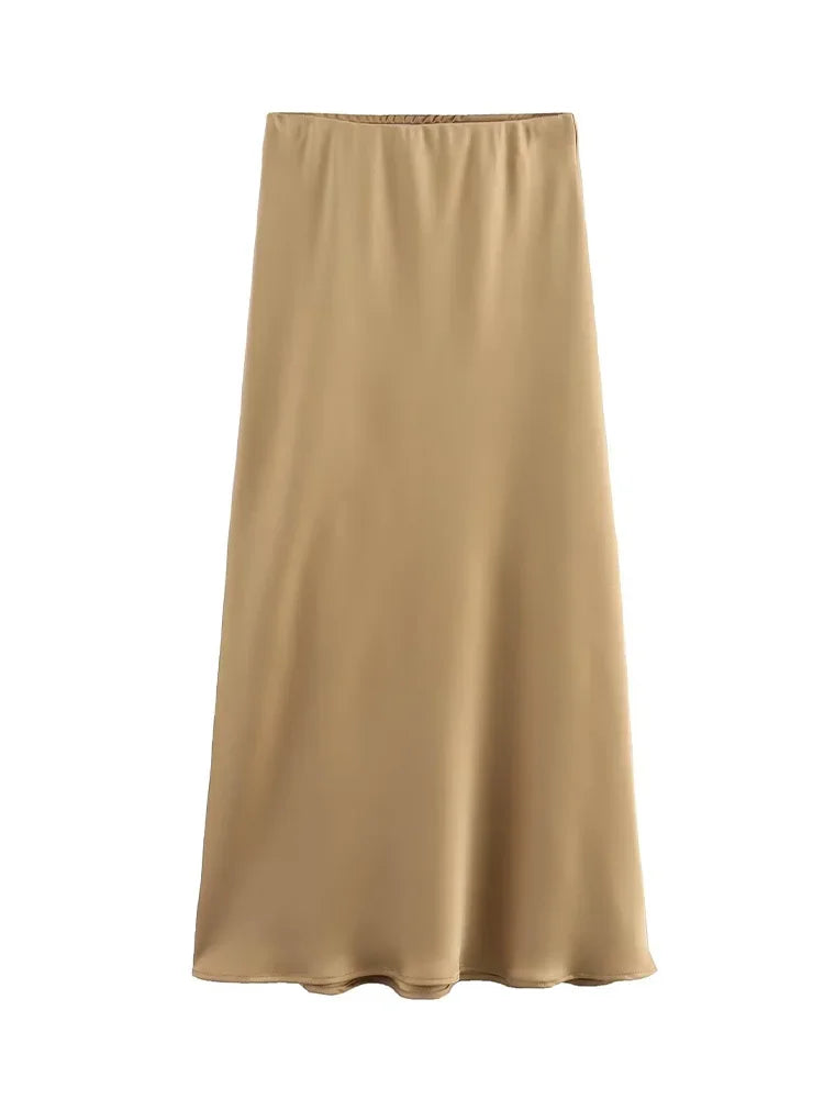 Willshela Falda de satén negra para mujer, falda larga elegante de cintura alta para mujer, falda midi de moda de verano, faldas de oficina para mujer