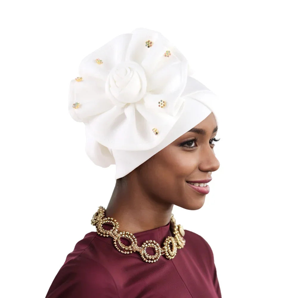 2025 Trendy Women Big Flower Turban Hat Fashion Muslim Hijab Caps Beads Head Wrap Bonnet Bandana Chemo Cap African Headties Hats