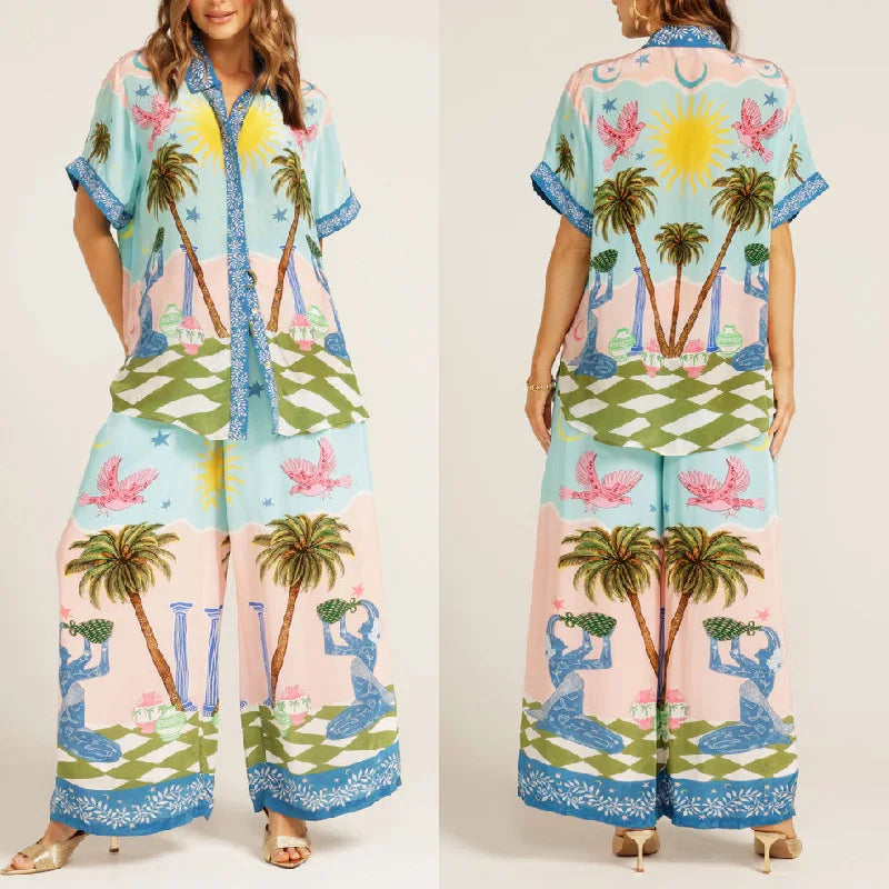 Pants Sets For Women Summer Fashion Printed Half Sleeve Shirt Suits Casual Loose High Waisted Female Wide Leg Pants Outfits