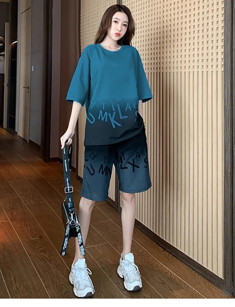 Women's Casual Sports Short Suit Summer New Fashion Fried Street Long T-shirt Crop Tops 2 Two Piece Set For Women Tracksuit