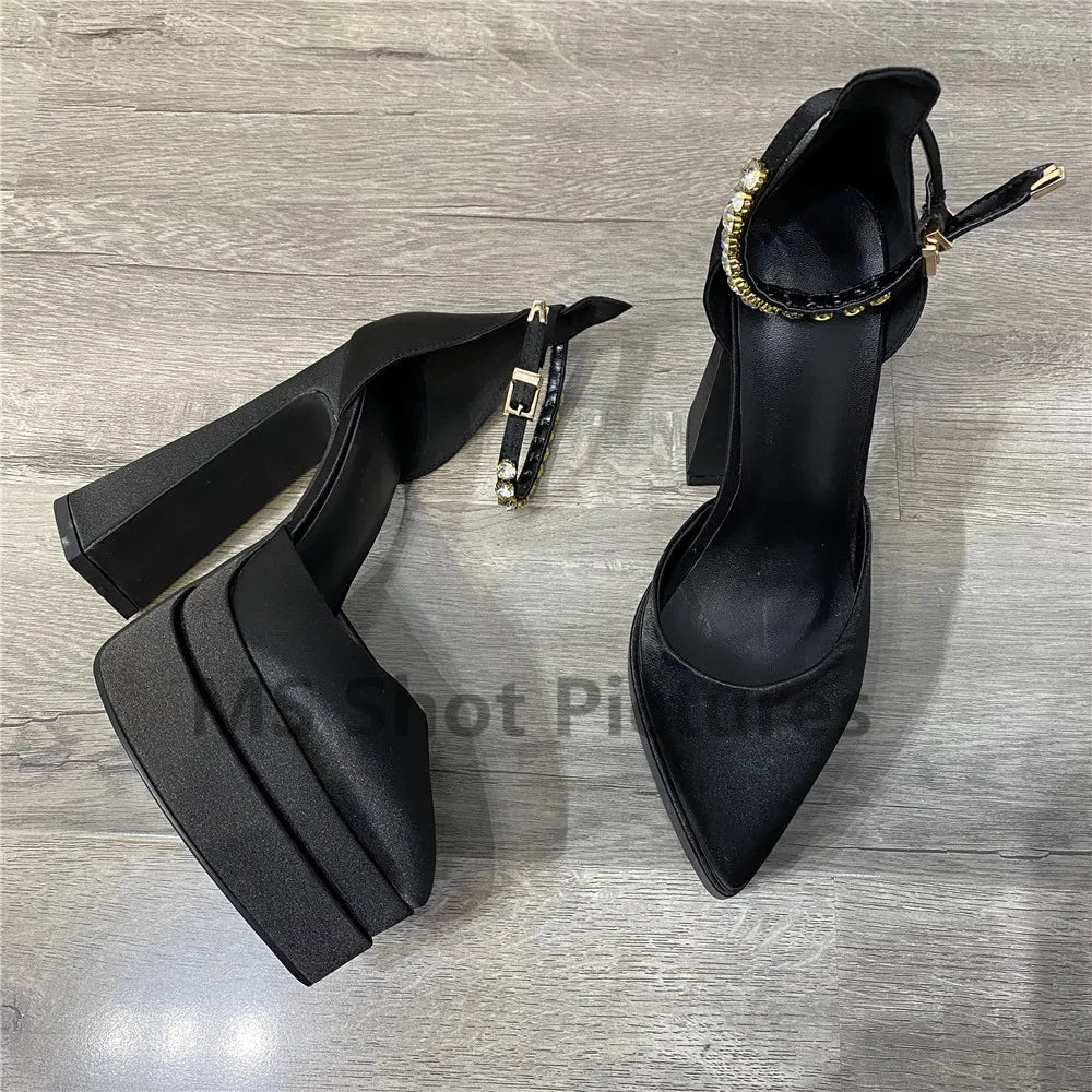 Luxury Women High Heel Shoes Platform Sandals Pointed Toe Woman Silk Pumps Sexy Rhinestone Buckle Chunky Heel Wedding Shoes 2024