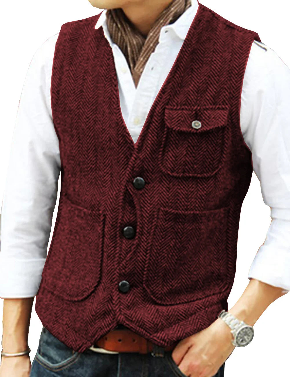 Vest Men's Casual Tooling Formal Herringbone Tweed Brown V Neck Wool Waistcoat Business Vest Groomsman For Wedding Prom