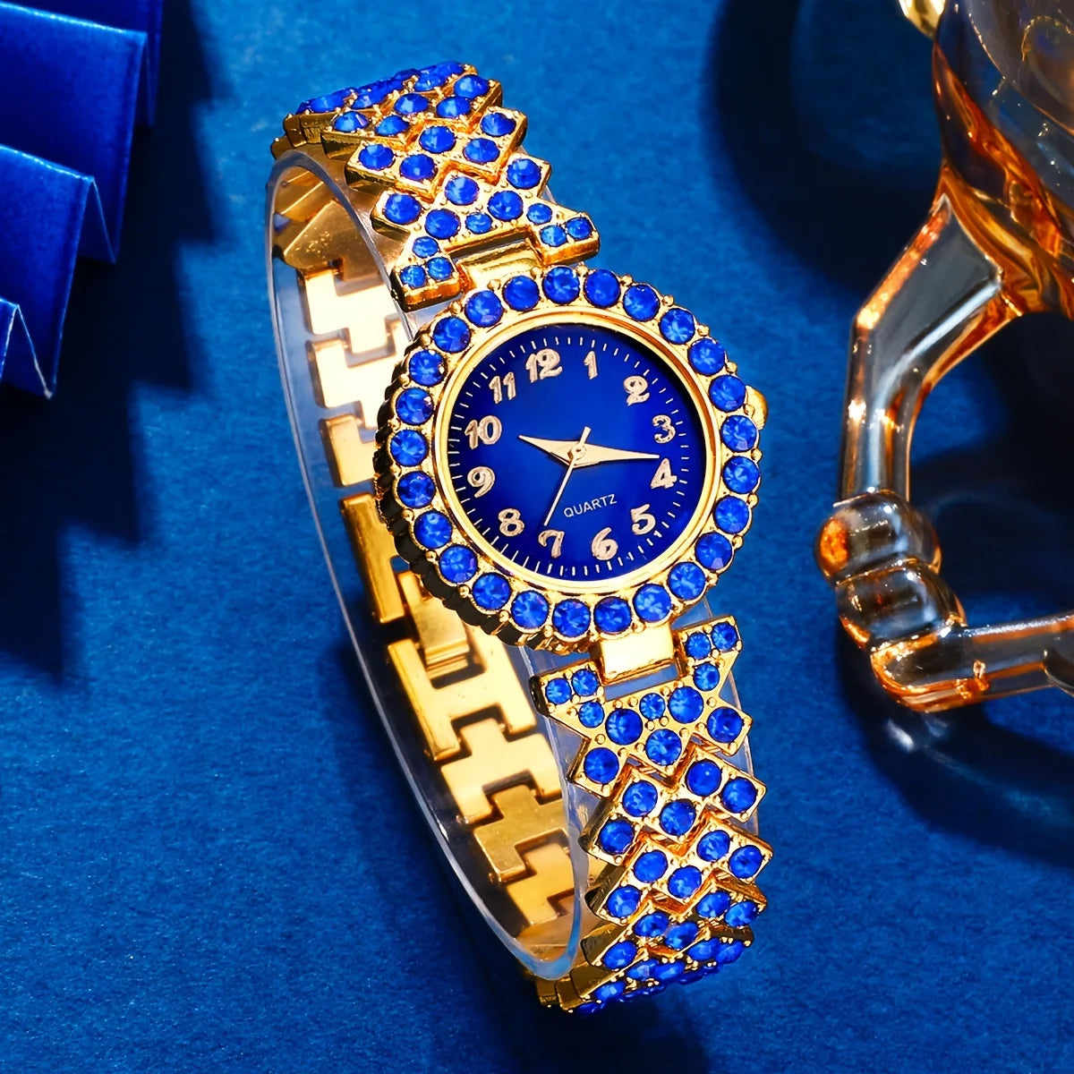 6PCS Elegant Women's Fashion Jewelry and Watch Set, Ladies Blue Rhinestone Dial Quartz Wristwatch,Female Jewelry Watches Set