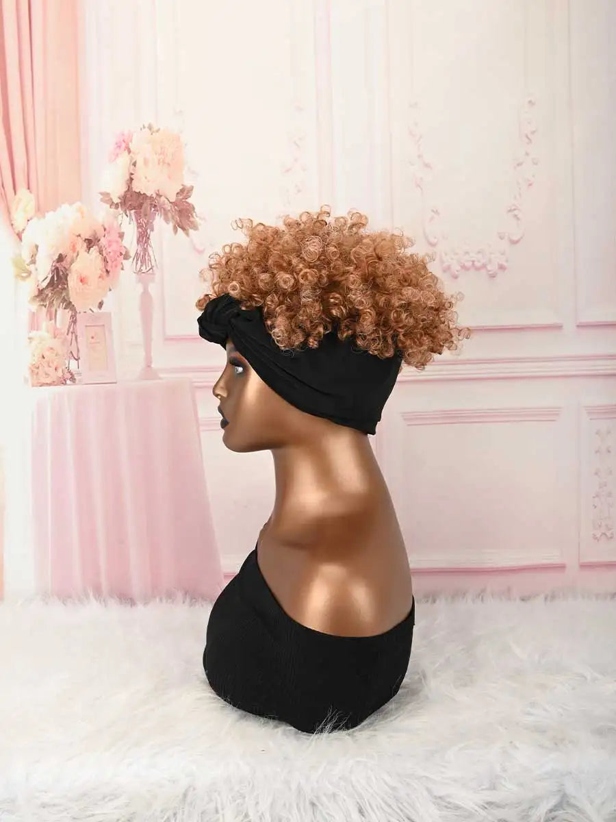 Headband Wig Curly Headband Wig With Bangs For Women Synthetic Afro Curly Hair Wig With Headband Attached Short Kinky Curly Afro High Puff With Bangs Stripes Short Red Curly Wigs with Bangs for Women, Natural Wavy Synthetic H