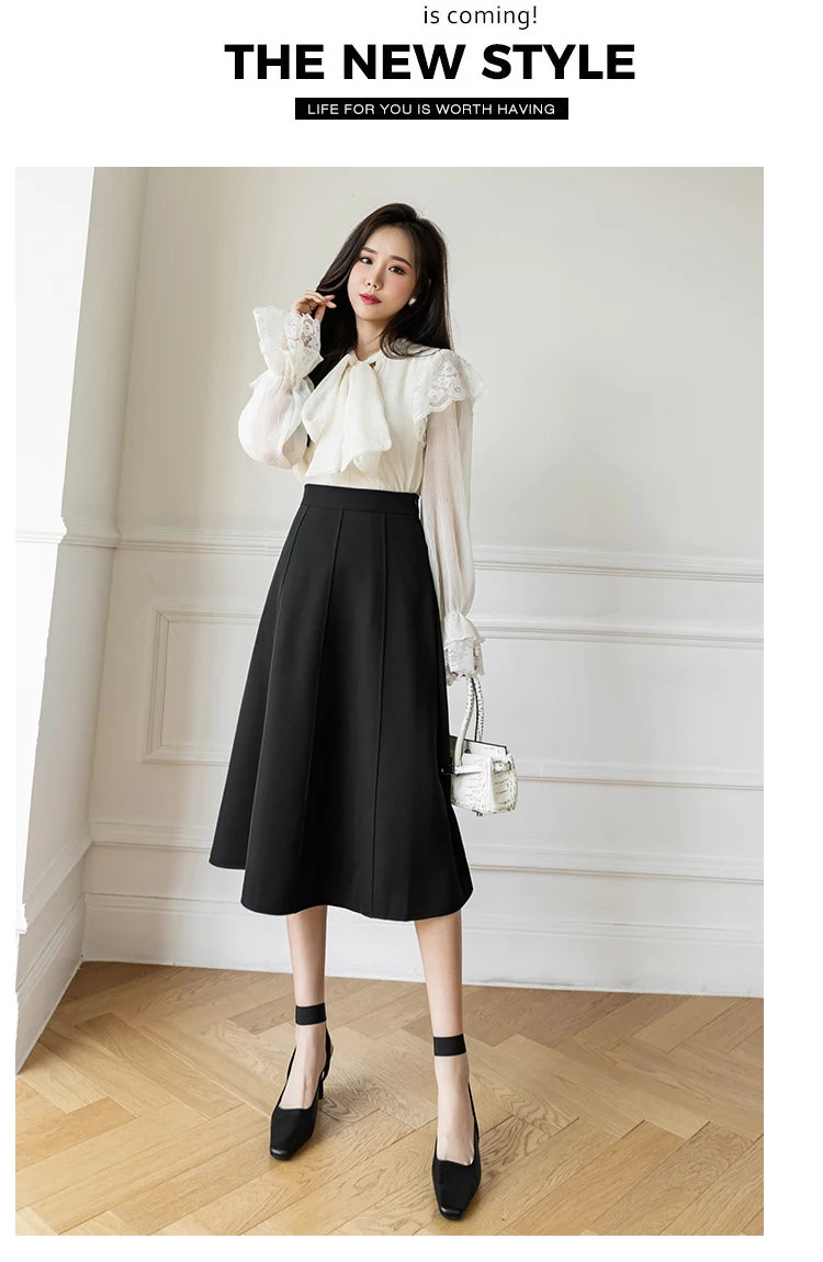 Women's Skirt Spring Women High Waist Solid Vintage Girl's Waist Down Skirt Knee-length A-line Fashion Thin Skirt for Women