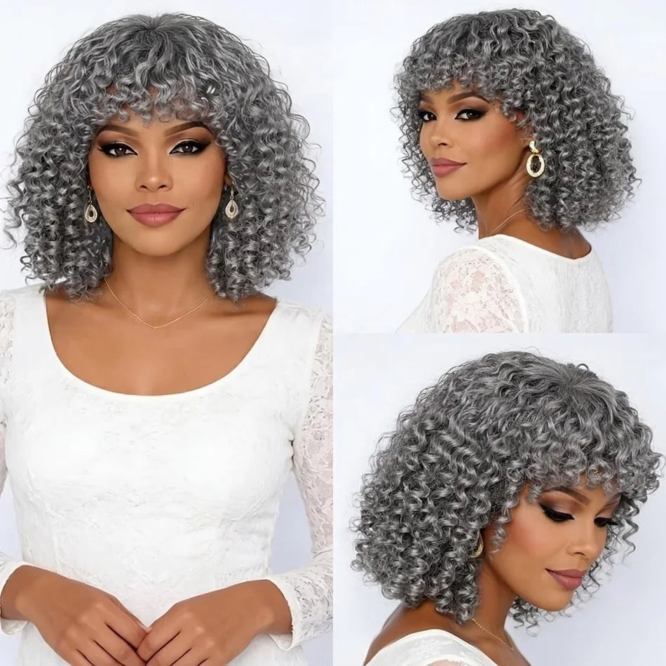 250 Density Silver Grey Bob Wigs Salt and Pepper Short Curly Human Hair Wigs Colored Deep Wave Wig Brazilian 10 12 14 Inch Remy