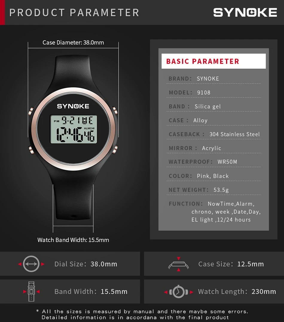 SYNOKE Women's Watch Digital Women Dress 50M Waterproof Stopwatch Sports Luminous Multifunction LED Electronic Wrist Watch Lady