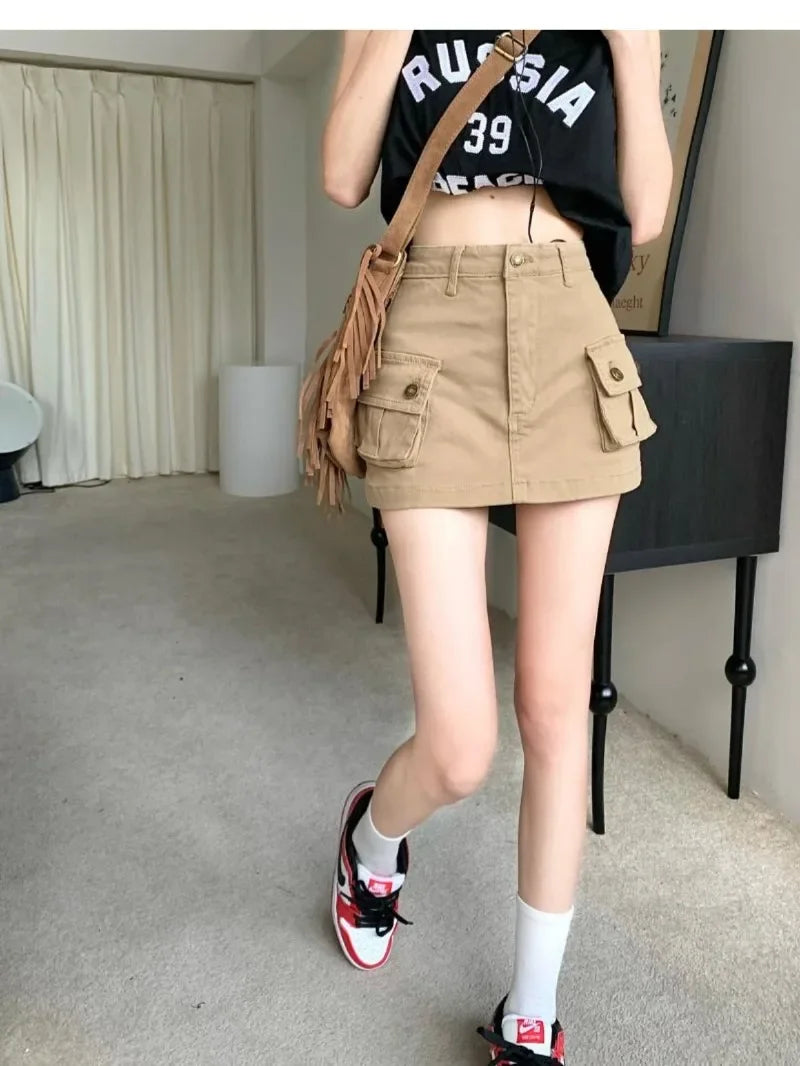 Women's Skirt Autumn New Denim Khaki Work Skirt Skinny American Half-body High Waist A-line Skirt Pocket A Line Sexy Dress