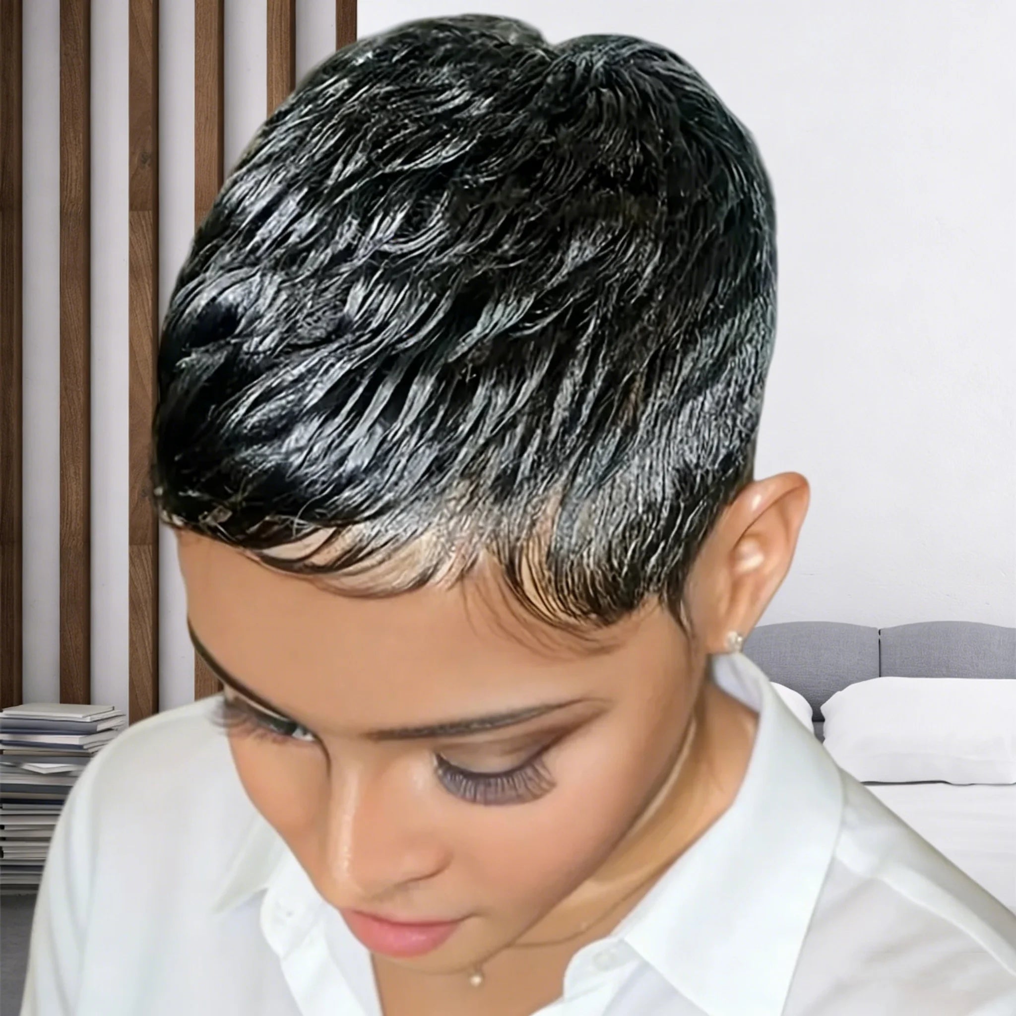 Pixie Cut Wig for Women Brazilian Remy Human Hair Short Wave Style with 99j Color Full Machine-Made