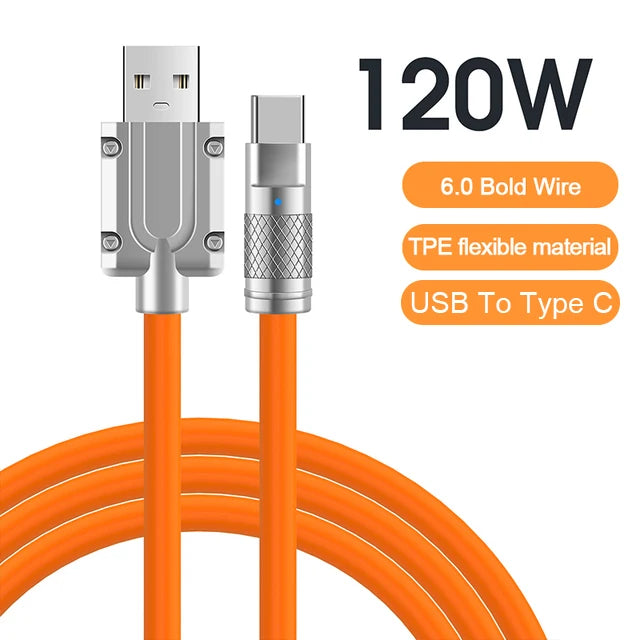 Cable de datos USB C de silicona líquida de carga súper rápida 120W 6A para iPhone 14 15 Huawei Samsung Xiaomi Cargador rápido Tipo C