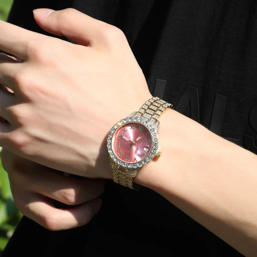 Uwin Women's Watch Baby Pink Iced Out Quartz Clock Small Dial Luxury Rhinestone Waterproof Wrist Watch Small Size For Women