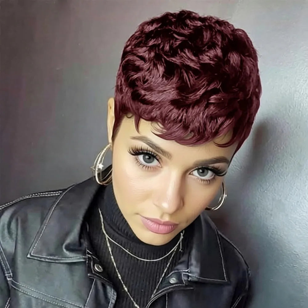 Peluca pixie color borgoña para mujer corte pixie corto liso en capas uso diario fiesta peluca de cabello humano hecha a máquina café negro