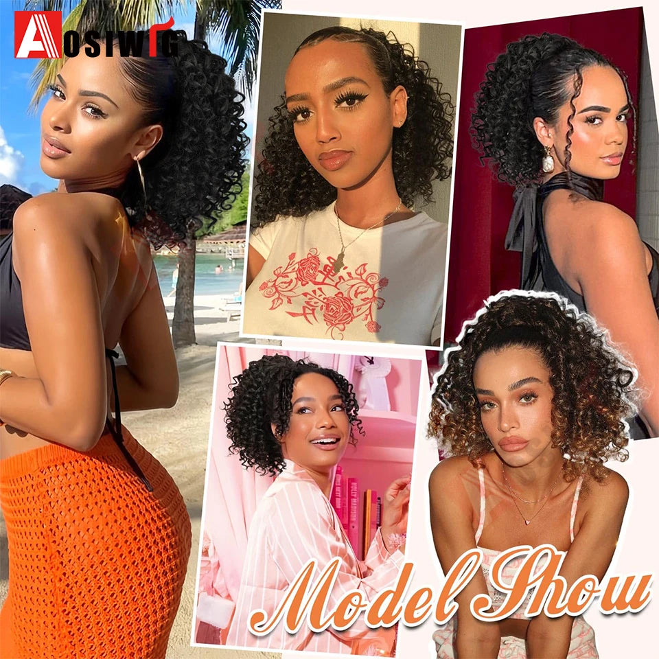 Elastic Rubber Band Ponytail Extended by 10 inches Short African Curly Ponytail African Women Fluffy Ponytail Synthetic Wig