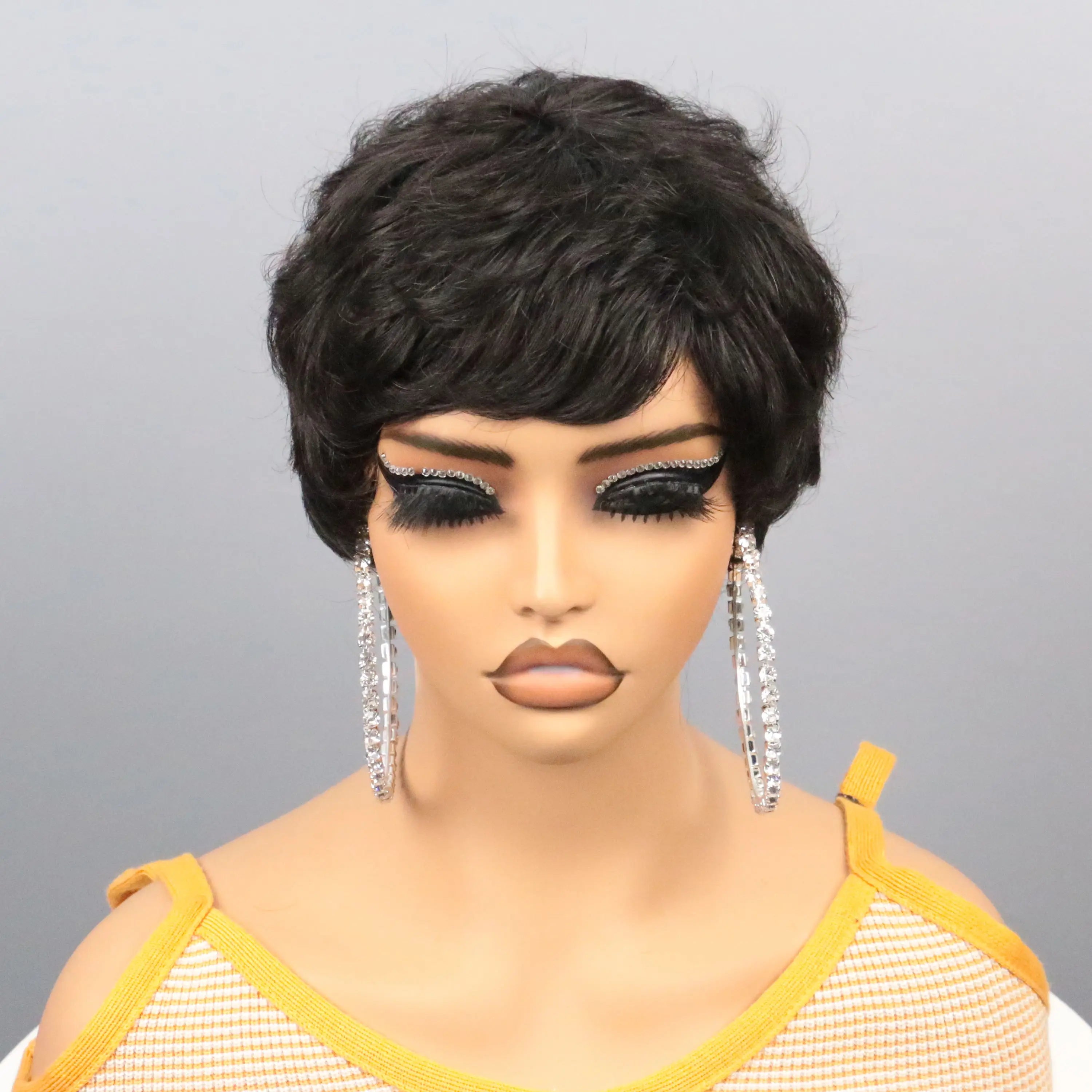 Peluca Pixie Cut Cabello Humano Peluca Corta Bob Pelucas Pixie Cut en Capas Cortas para Mujeres Negras Pelo Humano Remy Brasileño Sin Pegamento Sin Encaje