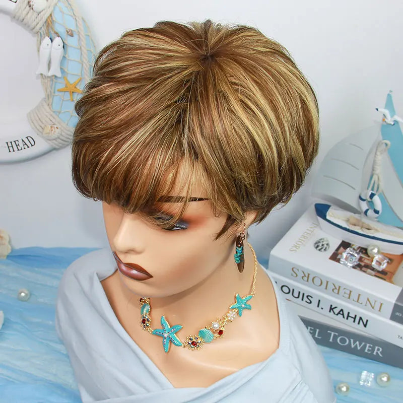 Short Straight Human Hair Wigs Highlight Color Brazilian Remy Hair Pixie Cut Wig Cheap Human Hair Machine Wig For Black Women