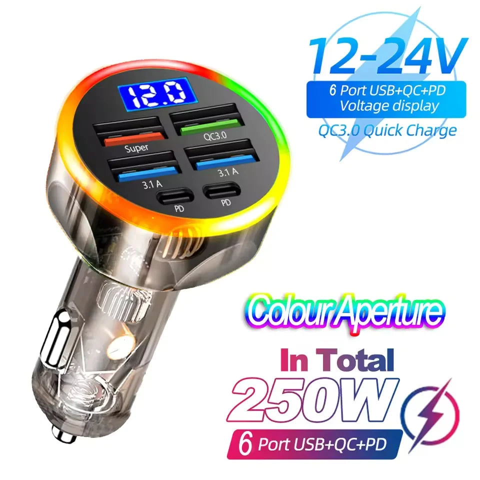 Cargador de coche PD de 250 W, carga rápida QC3.0, seis enchufes para encendedor de cigarrillos, cargador de coche de carga rápida con pantalla digital