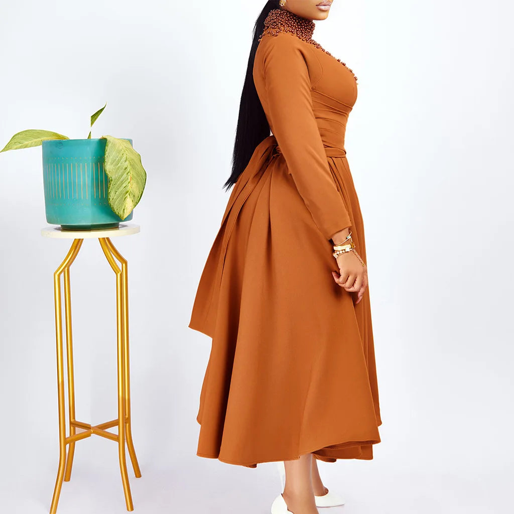 Vestido Elegante Africano para Mujer, Vestidos de Noche con Cuello Alto y Cuentas a la Moda, Vestido Delgado de Temperamento para Mujer, Vestidos Casuales de Manga Larga