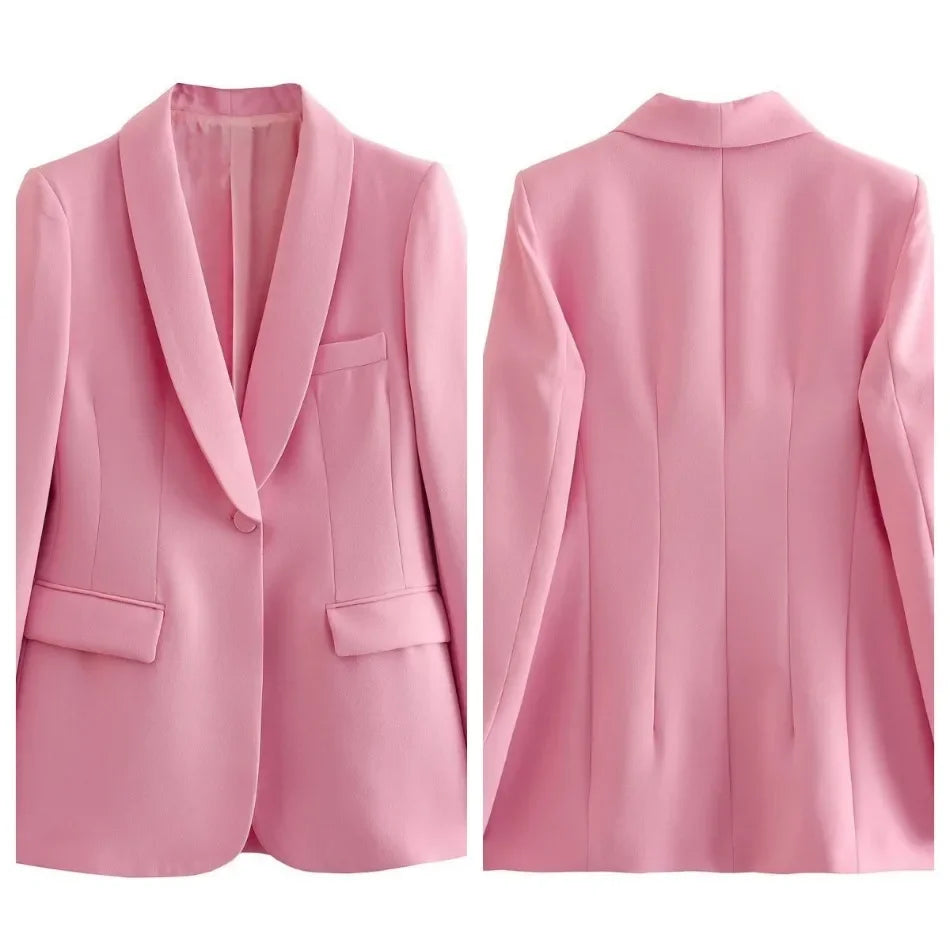 Women's Blazer New Spring Elegant Casual Office Lady Pink Jacket Coat Fashion High Waist Loose Wide Leg Trousers Pant Suit