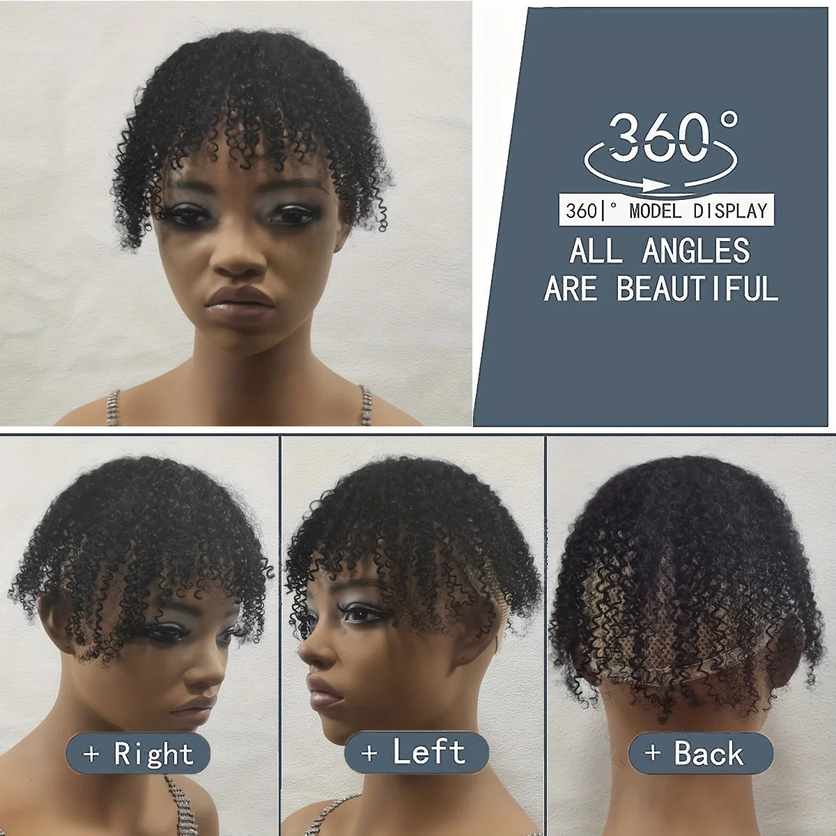 Pince à Cheveux avec Frange - Topper Pince à Cheveux avec Frange de Styles Éffilés, Extensions de Cheveux Bouclés Afro Crépus 100% Cheveux Humains #1B