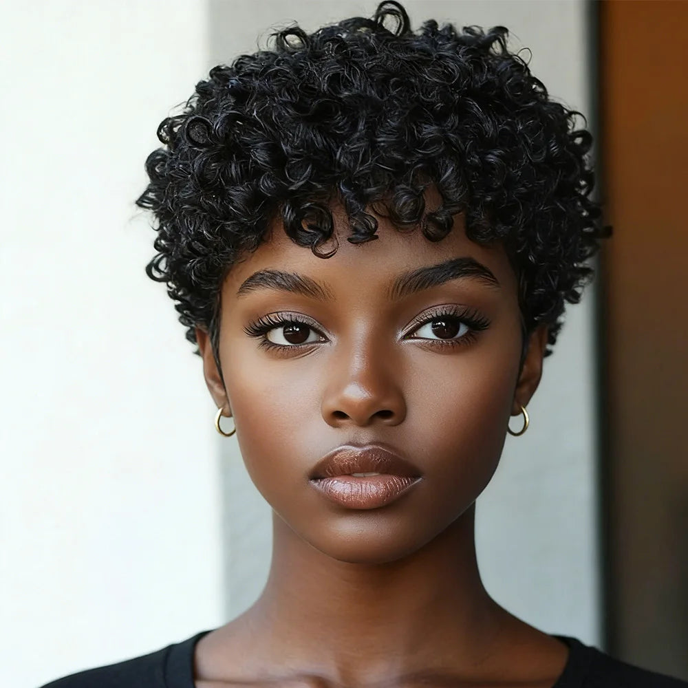 Short Black Kinky Curly Pixie Cut Human Hair Wig With Bangs Brazilian Remy Human Hair Wigs 180% Density Full Machine Made Wig