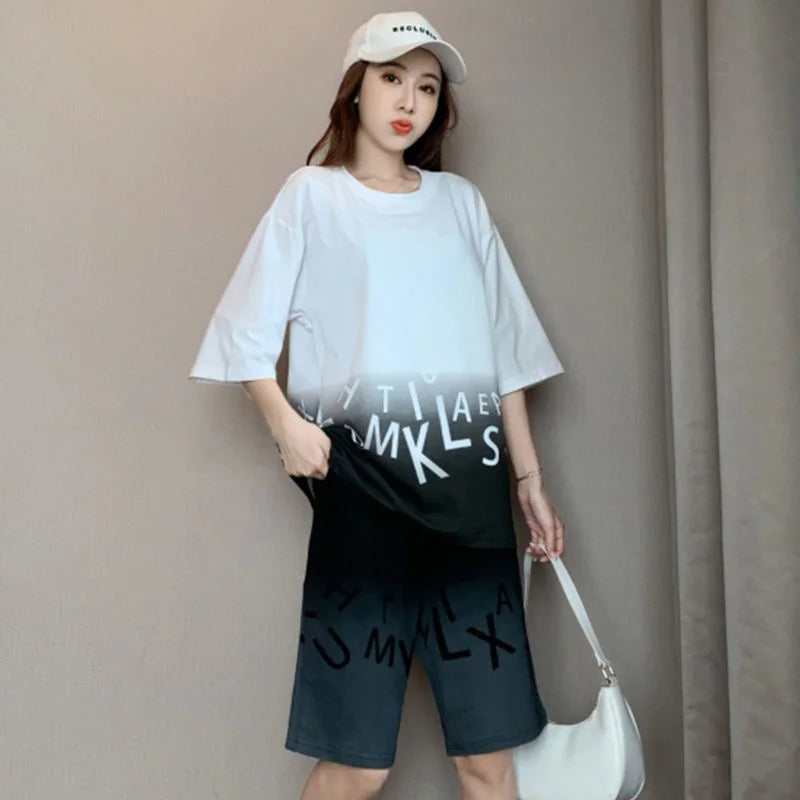 Women's Casual Sports Short Suit Summer New Fashion Fried Street Long T-shirt Crop Tops 2 Two Piece Set For Women Tracksuit