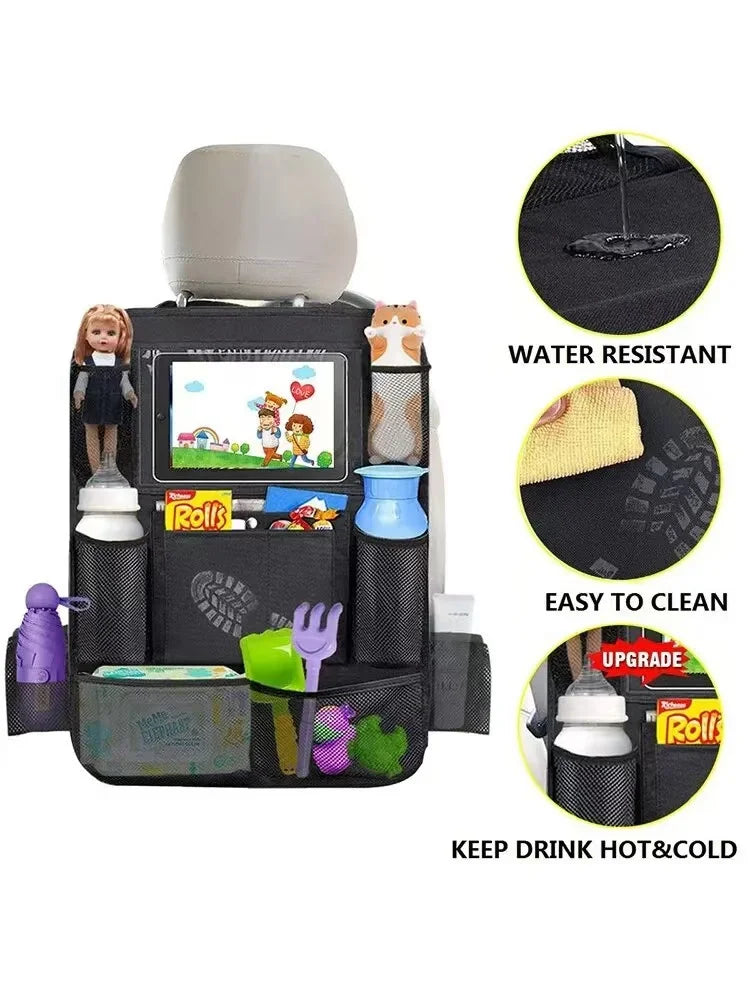 Organizador de almacenamiento para asientos de automóvil, multifuncional, tela Oxford, bolsa de almacenamiento multiusos para el respaldo del coche con soporte para tablet con pantalla táctil