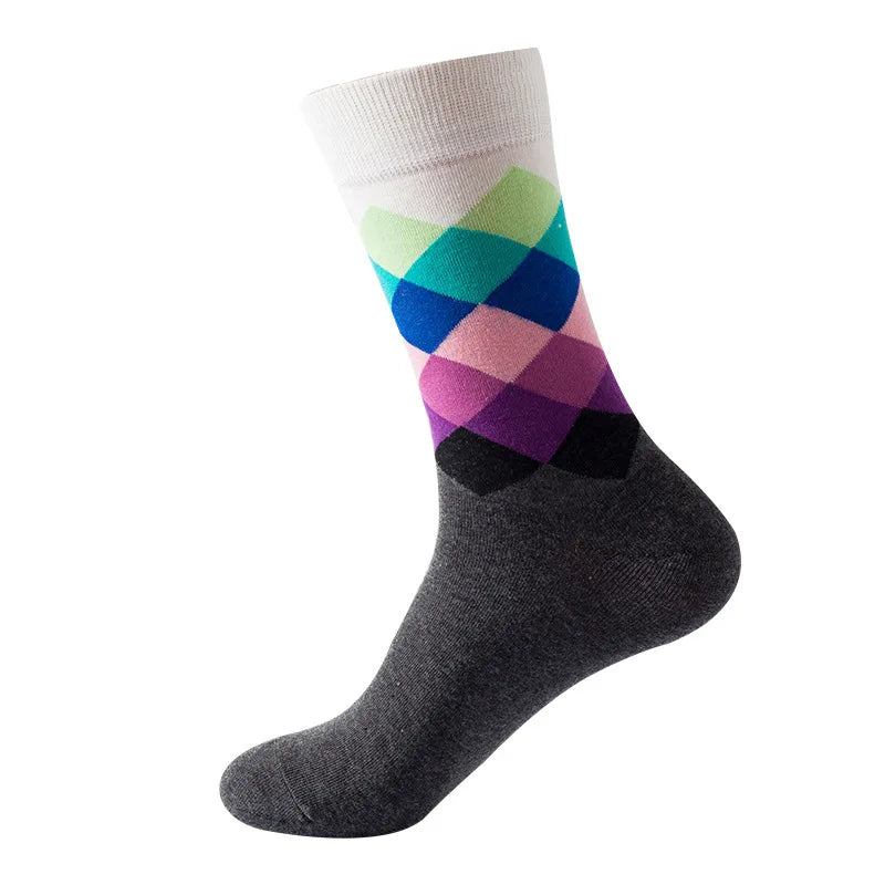 49 Patterns Fashion Business Men 100% Cotton Happy Lattice Socks Unisex Boys Combed Hip Hop Street Skateboard Funny High Sox Set