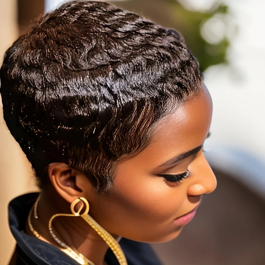 Perruque coupe pixie courte, droite, dégradée, couleur noir naturel/99j/30, 4 pouces, densité 150 %, en cheveux humains, fabriquée à la machine.