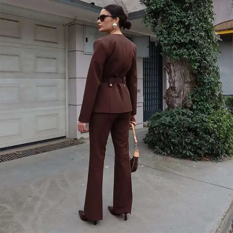 Elegant Women's Trouser Suits Long Sleeve O-Neck Top With Belt Solid Wide Leg Pants Female Suit 2025 Spring 2 Pieces Set Women