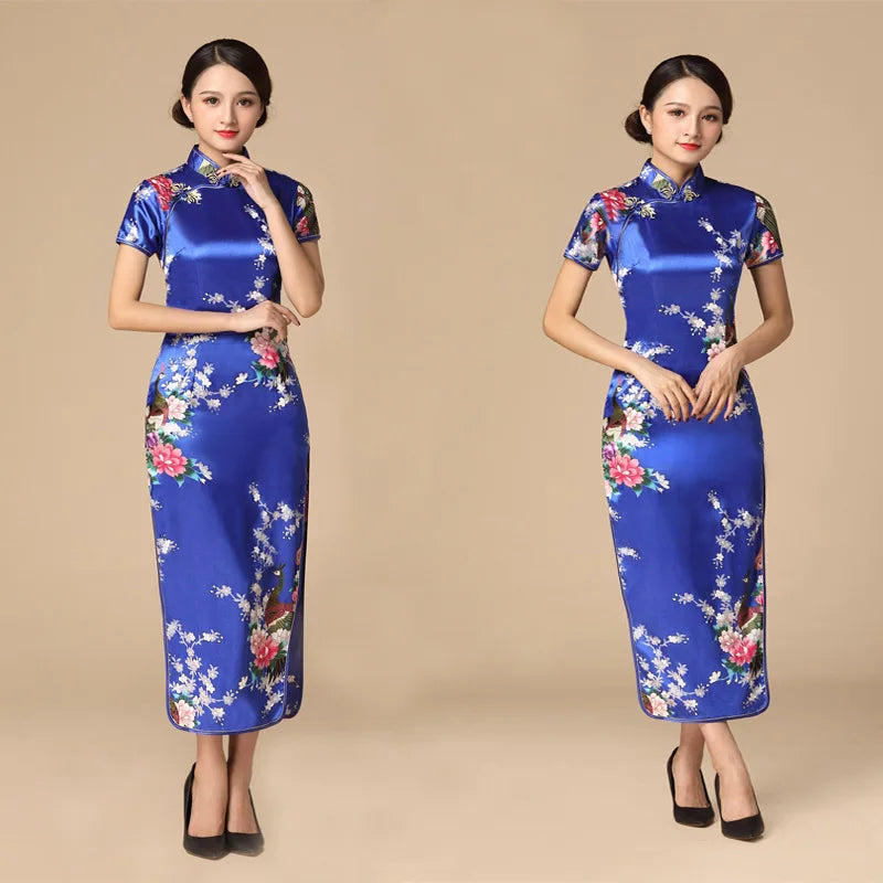 Print Satin Qipao Lady Elegant Dresses Sexy Cheongsam Chinese Tradition Style Dress Summer New Long Qipaos Plus Size 4Xl5Xl6Xl