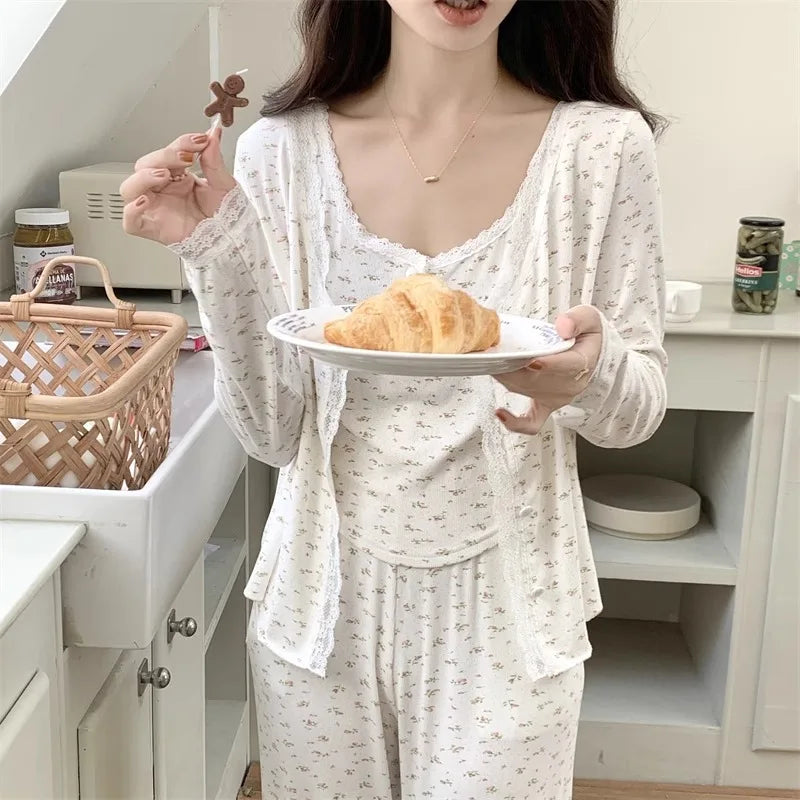 Three-Piece Pajama Set for Women Floral Lace Sweet Cardigan Camisole Homewear Long Sleeves Long Pants Fancy Underwear Ladies