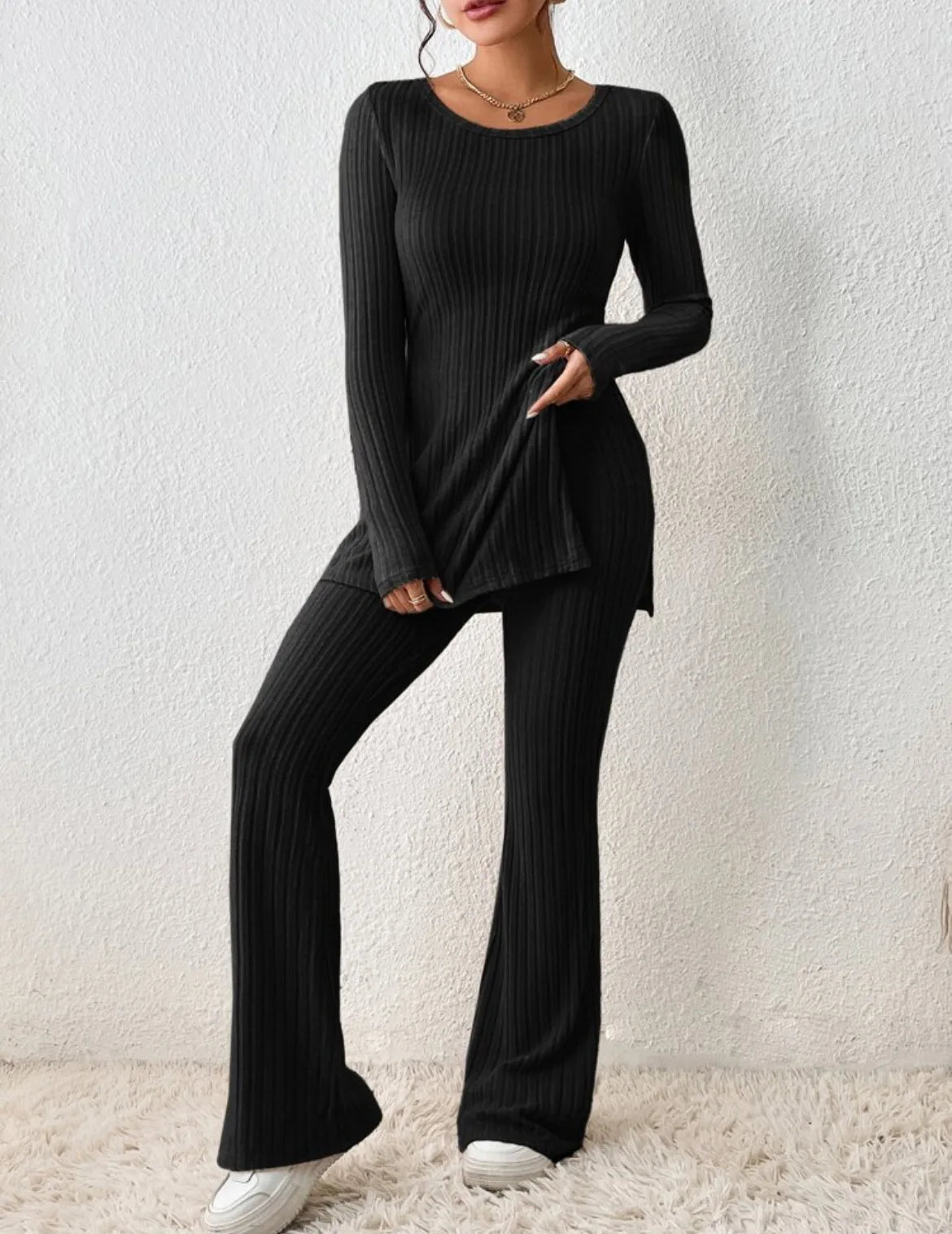 Ropa de Mujer Otoño Invierno Nuevo Estilo Color Sólido Sexy Casual Manga Larga Cuello Redondo Rajado Moda Temperamento Conjunto de Dos Piezas