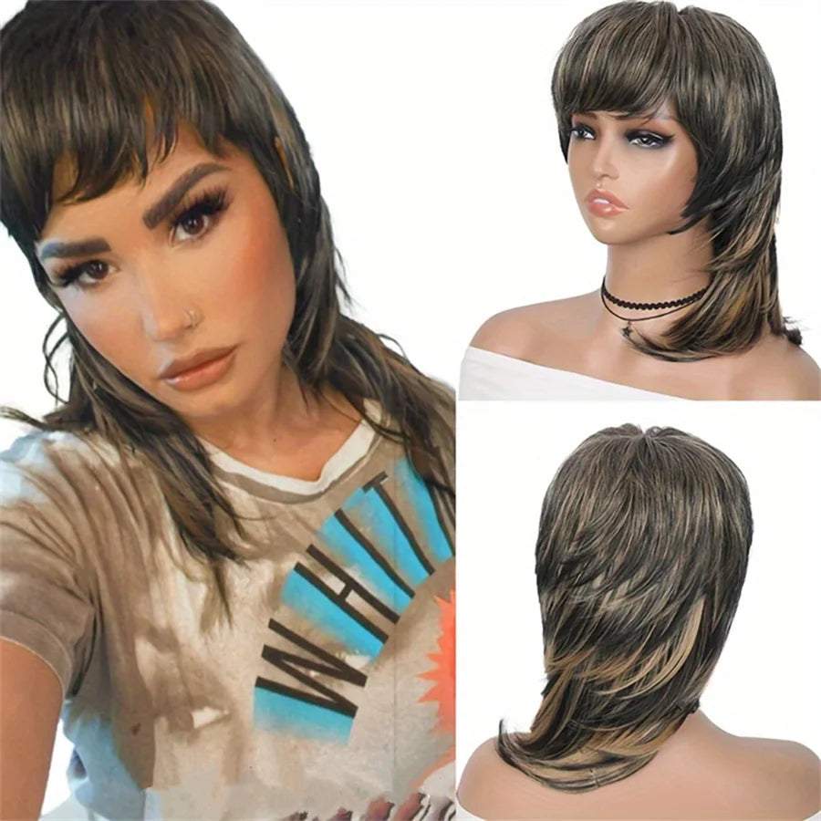 short straight human hair wig mullet wig 1b27 color machine made for women daily party use wig pixie cut wig