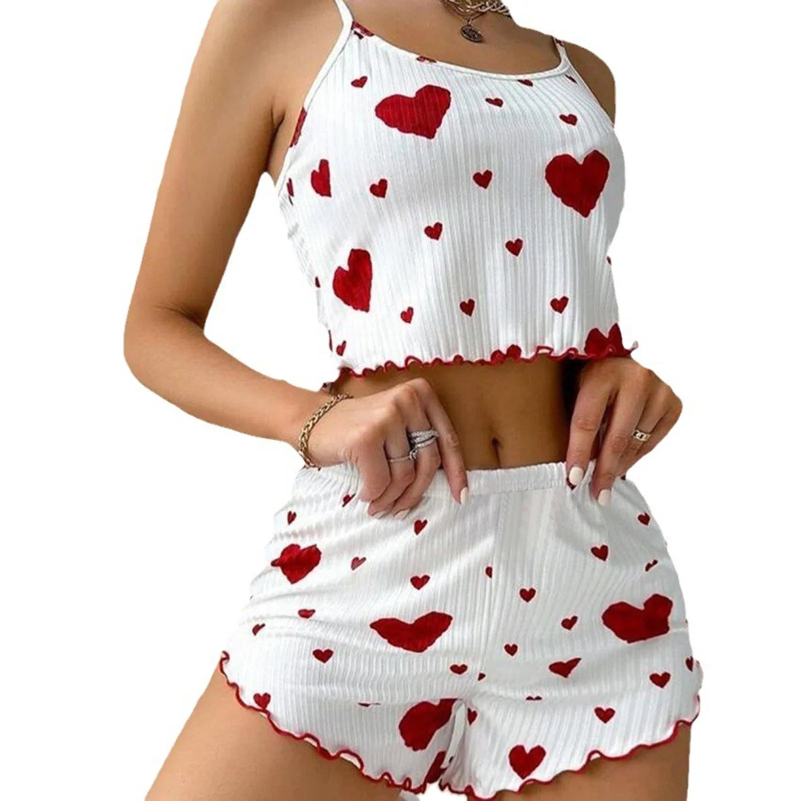 Sexy Women's Pajamas Set Sleepwear 2 PCS Short Tank Tops And Shorts S M L White Ventilate Soft Casual Love Printing