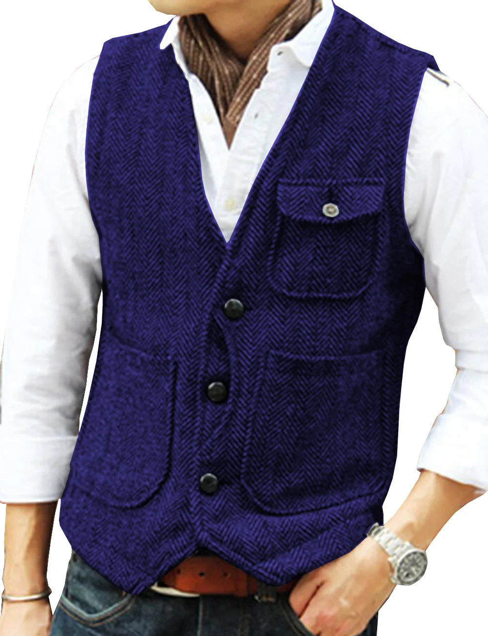 Vest Men's Casual Tooling Formal Herringbone Tweed Brown V Neck Wool Waistcoat Business Vest Groomsman For Wedding Prom