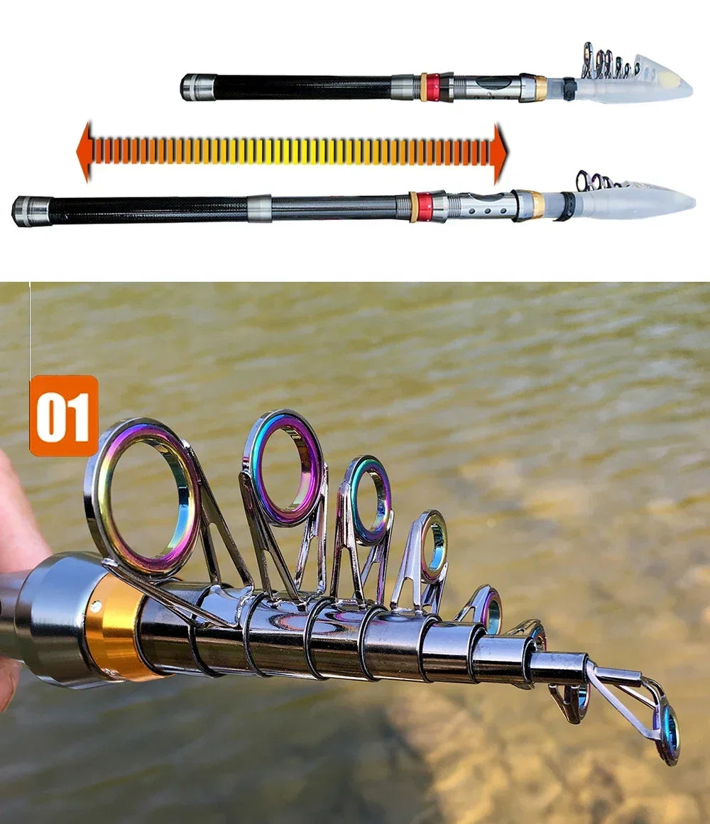 Spinning Fishing Rod and Reel Combo 1.8-3.6m Carbon Fiber Sea Pole and 5.2:1 Gear Ratio Metal Spool with Line Kits for Bass Carp