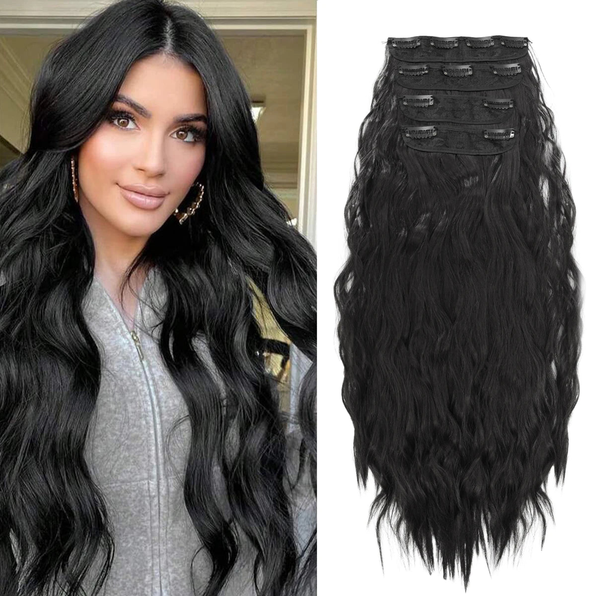 Natural Long Wavy Synthetic Hair Extension 18-32 inches Black 4pcs Hairpiece Fiber Double Weft Hair For Women Hair Accessories
