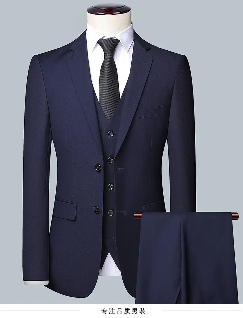 Suit (Blazer+ Vest + Pants) Men's Fashion Business Fit Wedding Professional Casual Single Breasted Gentleman Groom Dress Suit