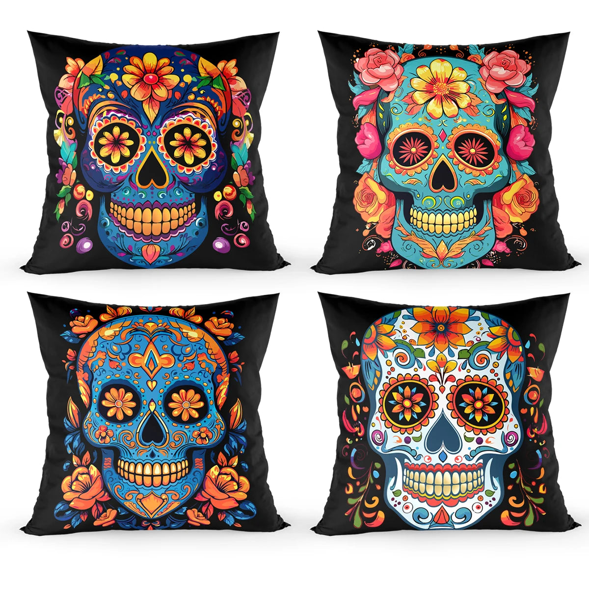 4pcs Mexican Day of The Dead Floral Throw Pillow Covers Holiday Party Decor Dia De Los Muertos Cushion Covers Home Decoration