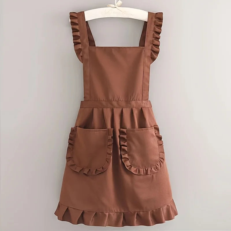 Tablier de cuisine coréen - Tablier de style princesse, bretelles réglables au cou et à la taille avec poches adaptées à la cuisine et aux studios de manucure