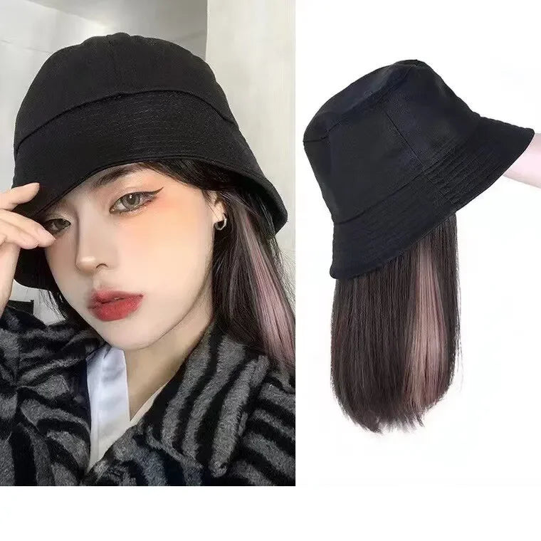 Sombrero peluca de una pieza para mujer, gorro de cubo natural a la moda, resistente al sol, peluca sintética de pelo liso, pelucas de cabeza completa para mujeres