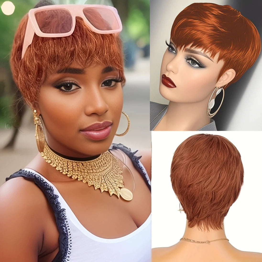 6inch Short Pixie Cut Straight Wig 100% Human Hair for Women Machine Made with Pre-Styled Bangs Tangle-Free Natural Hairline