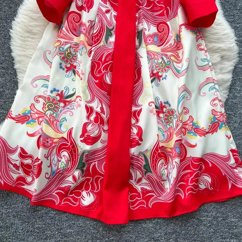 Fashion High-End Feeling Gown Dress Elegant European Court Style Long Printed Slimming New Women's Design Sensation Retro Summer