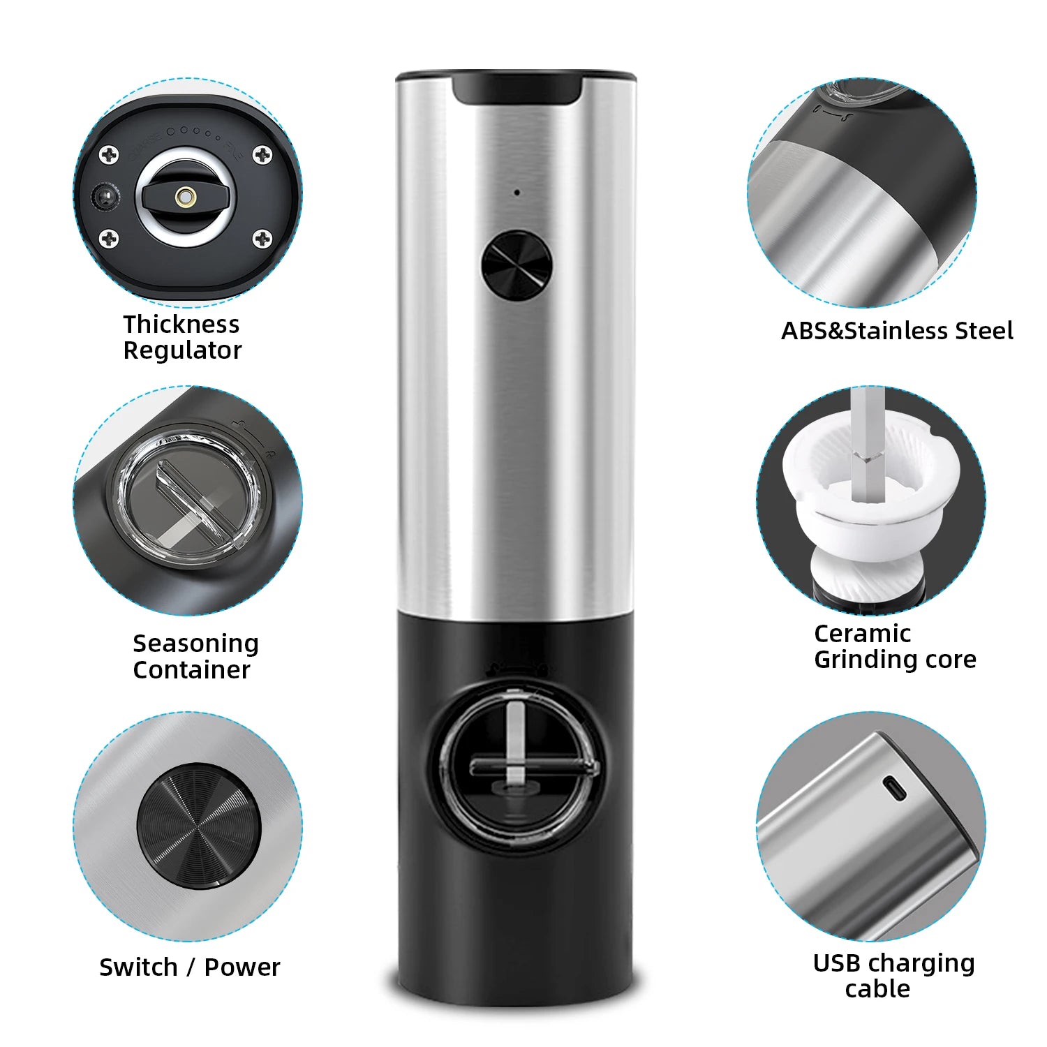 Base de Juego de Molinillos Eléctricos de Sal y Pimienta, Recargable por USB, de Acero Inoxidable, Automático, Ajustable para Sal y Especias