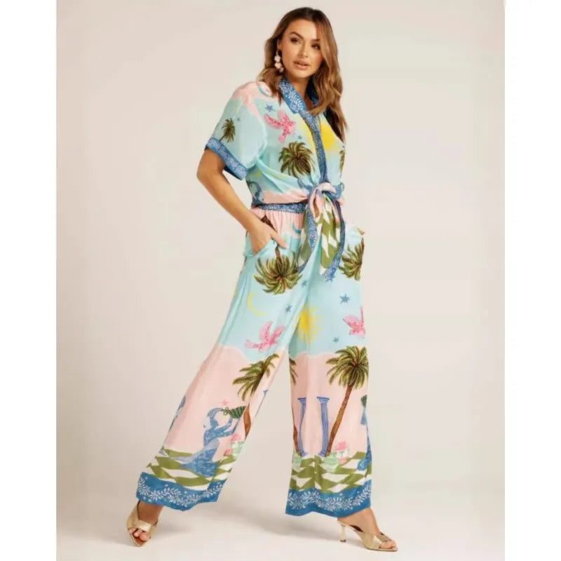 Pants Sets For Women Summer Fashion Printed Half Sleeve Shirt Suits Casual Loose High Waisted Female Wide Leg Pants Outfits