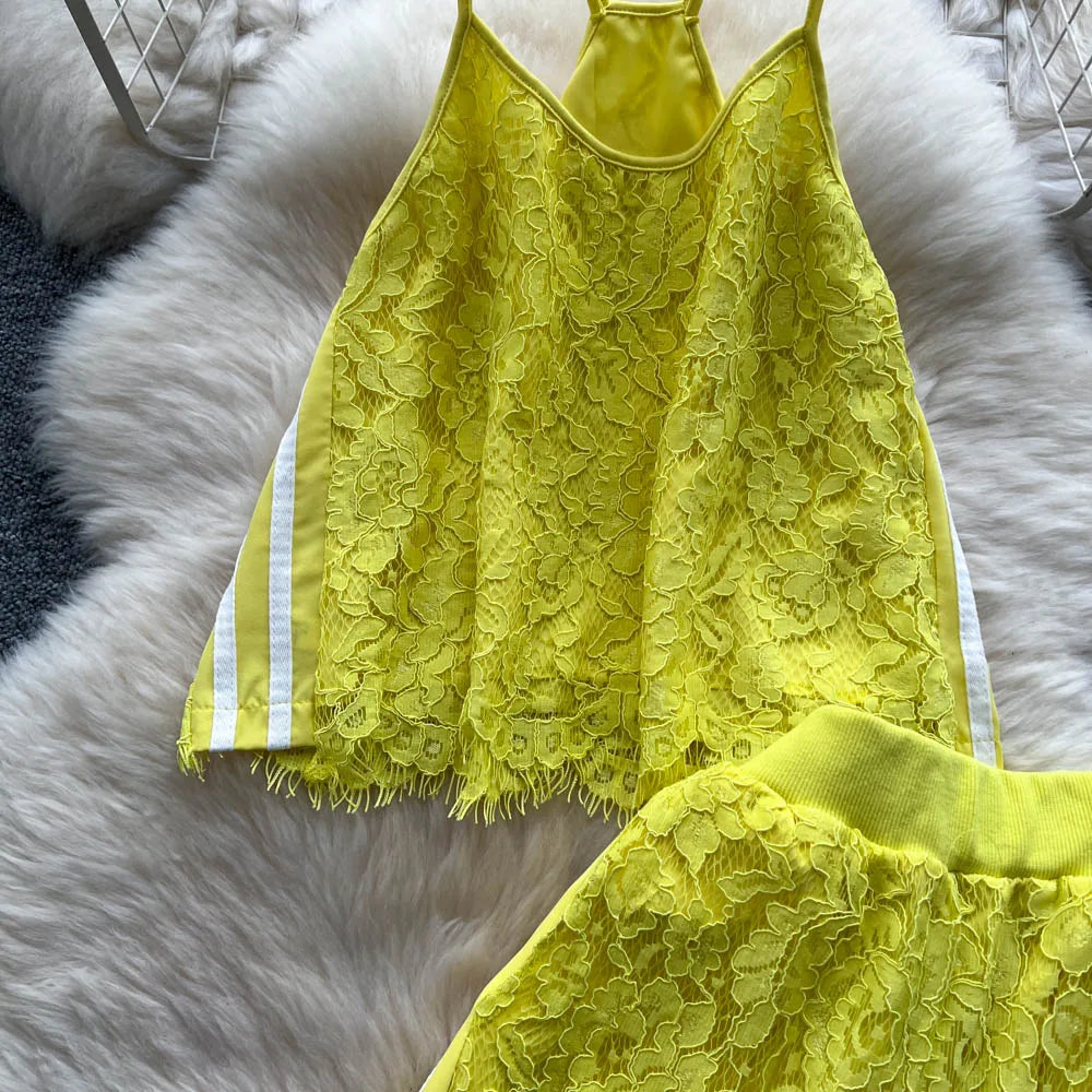 Women Two Pieces Sets Spliced lace Off Shoulder Slip Top and Fashion Hotsweet High Waist Elastic Waist  Wide Leg Pant Sets