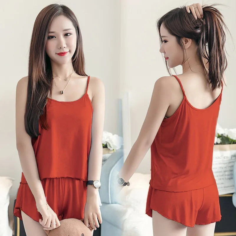 Women Casual Pajamas Sexy Sleepwear Pajama Set Nightgowns Camisole Shorts Nightclothes Spagjetti Strap Black Smooth Soft