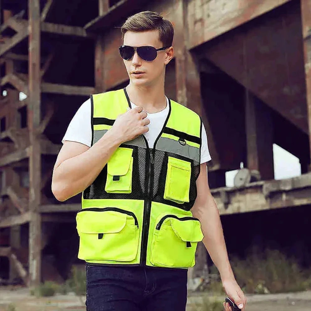 Workwear Safety Vest High Visibility Construction Building Work Waistcoats with Multi Functional Pockets Hi Vis Vests